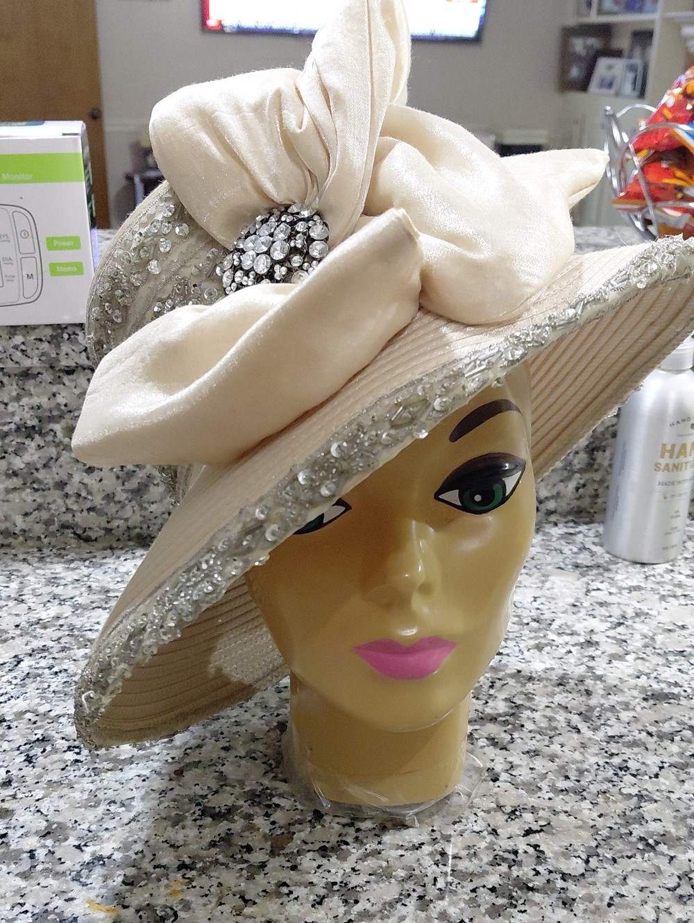Elegant Cream Whitall Shon Wide-Brim Women's Hat with Bow and Rhinestones Beige